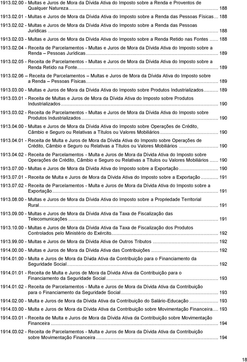 .. 188 1913.02.04 - Receita de Parcelamentos - Multas e Juros de Mora da Dívida Ativa do Imposto sobre a Renda Pessoas Jurídicas... 189 1913.02.05 - Receita de Parcelamentos - Multas e Juros de Mora da Dívida Ativa do Imposto sobre a Renda Retido na Fonte.