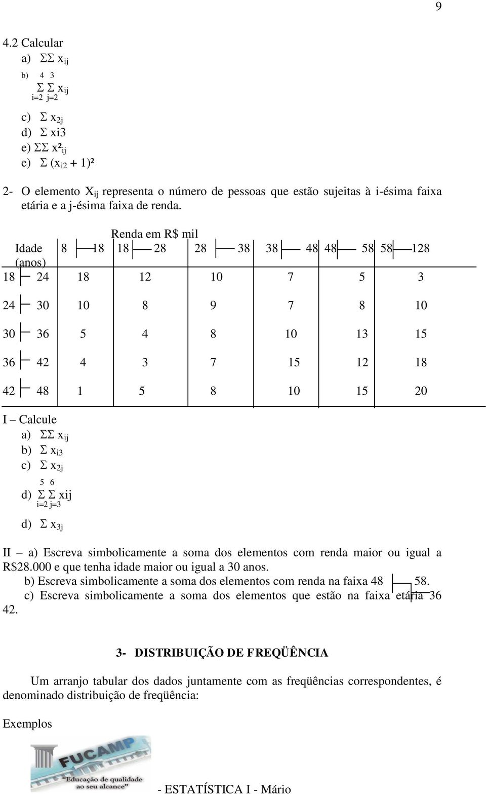 Renda em R$ mil Idade 8 18 18 28 28 38 38 48 48 58 58 128 (anos) 18 24 18 12 10 7 5 3 24 30 10 8 9 7 8 10 30 36 5 4 8 10 13 15 36 42 4 3 7 15 12 18 42 48 1 5 8 10 15 20 I Calcule a) x ij b) x i3 c) x