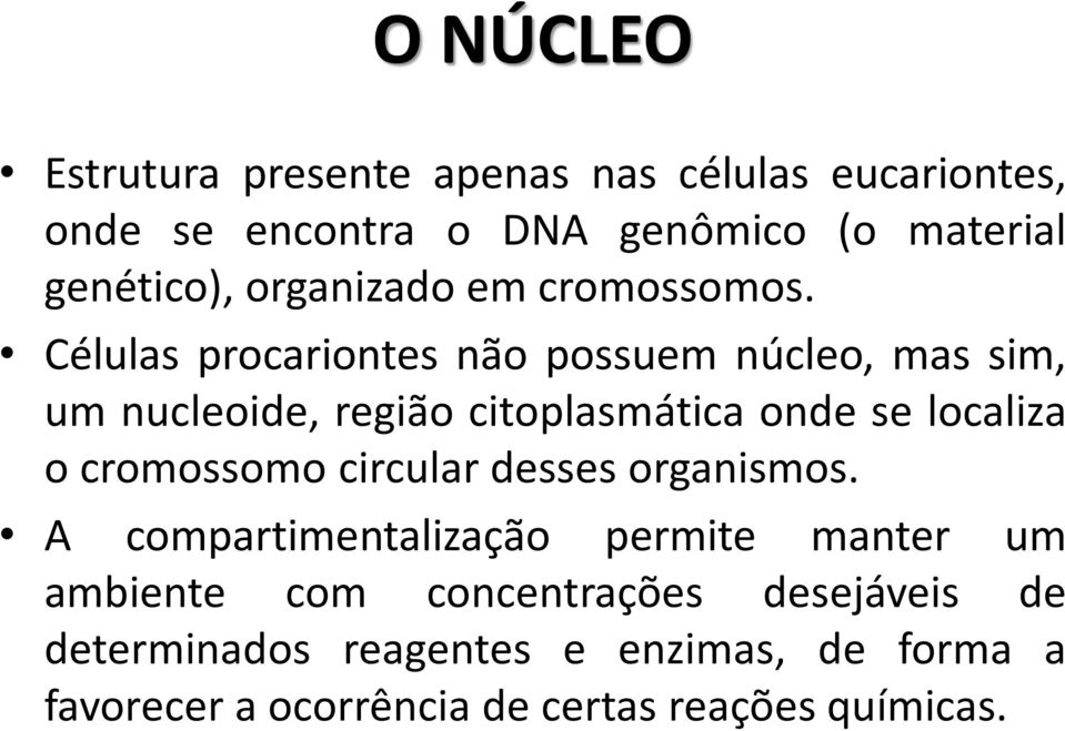 Células procariontes não possuem núcleo, mas sim, um nucleoide, região citoplasmática onde se localiza o cromossomo