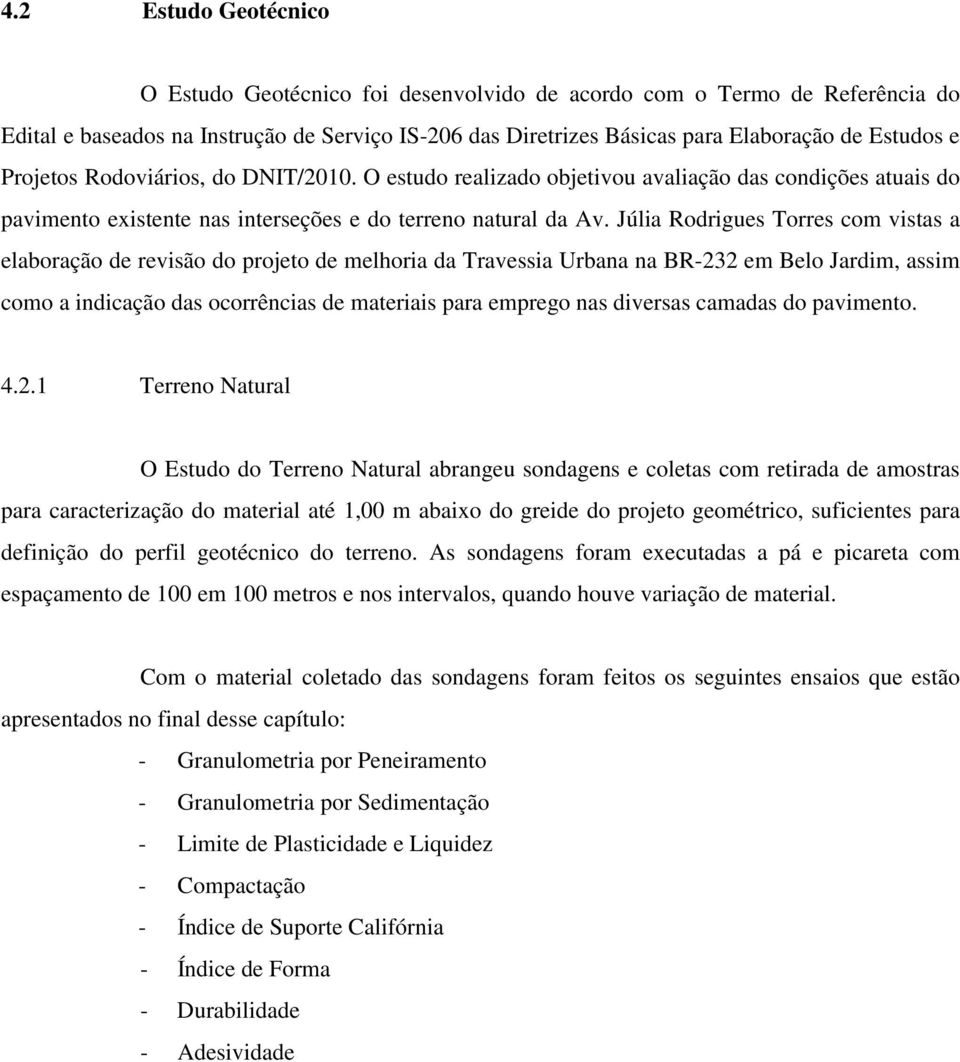 Júlia Rodrigues Torres com vistas a elaboração de revisão do projeto de melhoria da Travessia Urbana na BR-232 em Belo Jardim, assim como a indicação das ocorrências de materiais para emprego nas