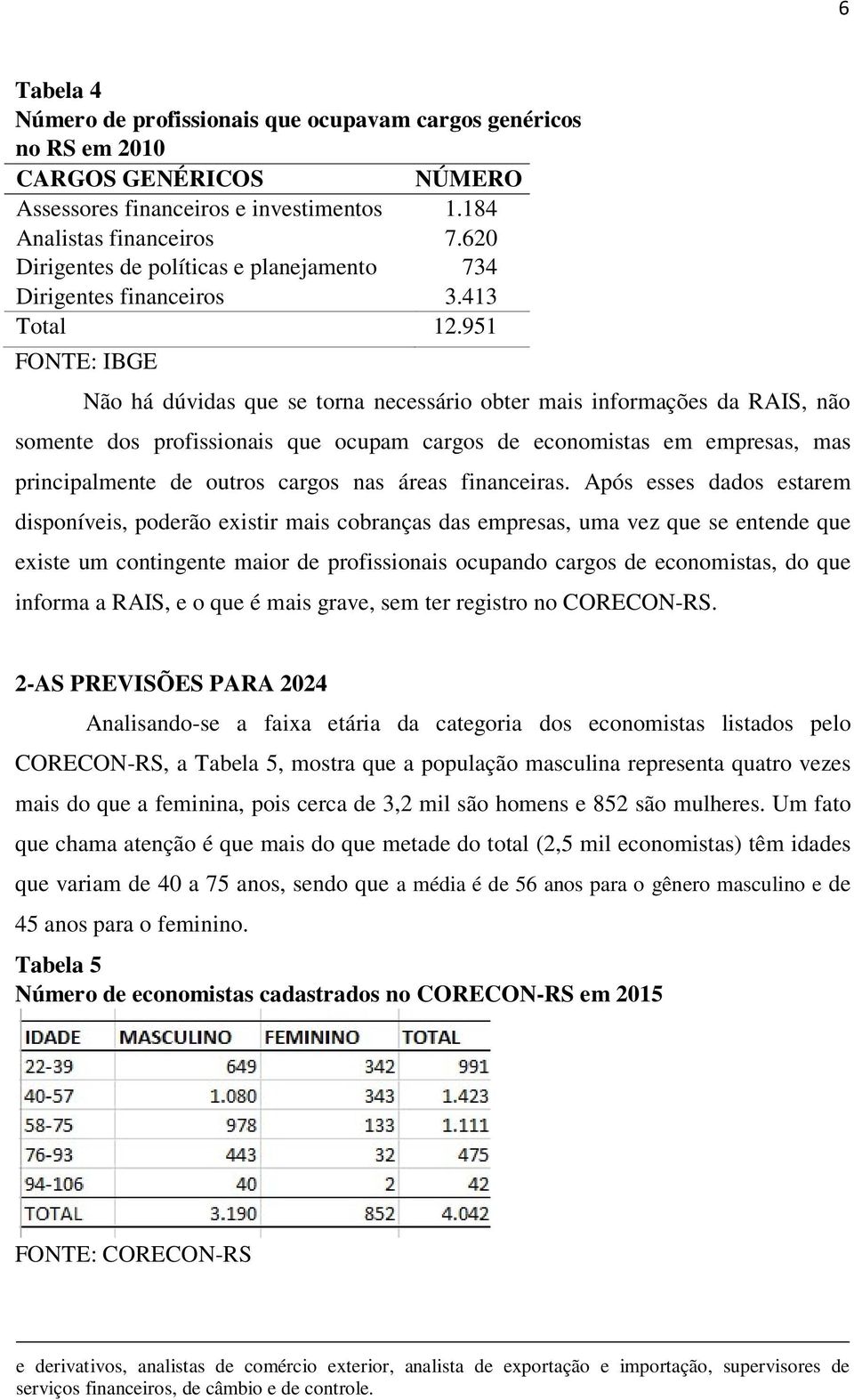 951 FONTE: IBGE Não há dúvidas que se torna necessário obter mais informações da RAIS, não somente dos profissionais que ocupam cargos de economistas em empresas, mas principalmente de outros cargos