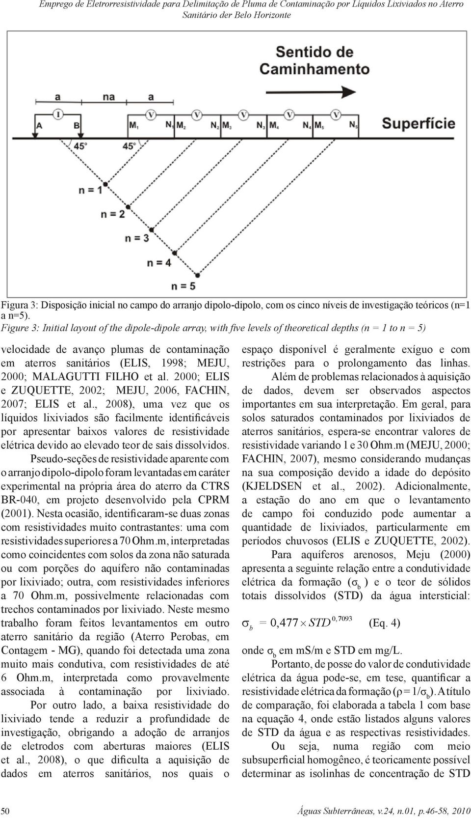 Figure 3: Initial layout of the dipole-dipole array, with five levels of theoretical depths (n = 1 to n = 5) velocidade de avanço plumas de contaminação em aterros sanitários (ELIS, 1998; MEJU, 2000;