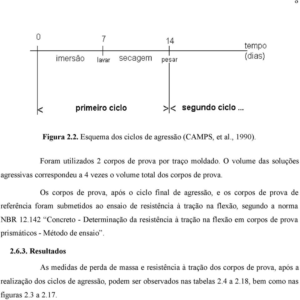 Os corpos de prova, após o ciclo final de agressão, e os corpos de prova de referência foram submetidos ao ensaio de resistência à tração na flexão, segundo a norma NBR 12.