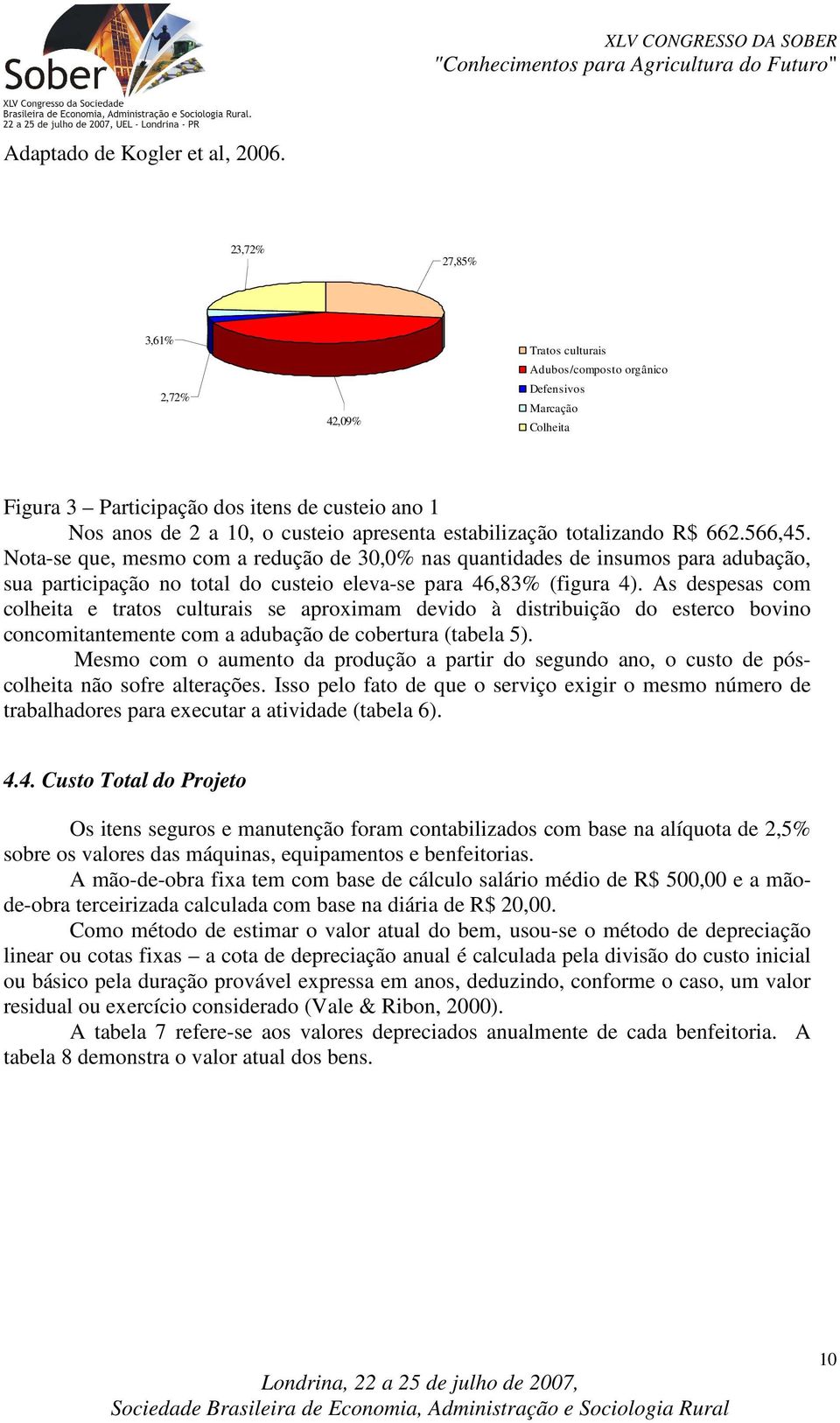 estabilização totalizando R$ 662.566,45. Nota-se que, mesmo com a redução de 30,0% nas quantidades de insumos para adubação, sua participação no total do custeio eleva-se para 46,83% (figura 4).