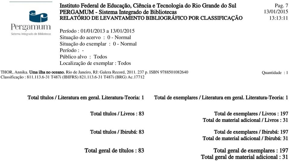 Literatura-Teoria: 1 Total títulos / Livros : 83 Total de exemplares / Livros : 197 Total de material adicional / Livros : 31 Total títulos / Ibirubá: 83 Total