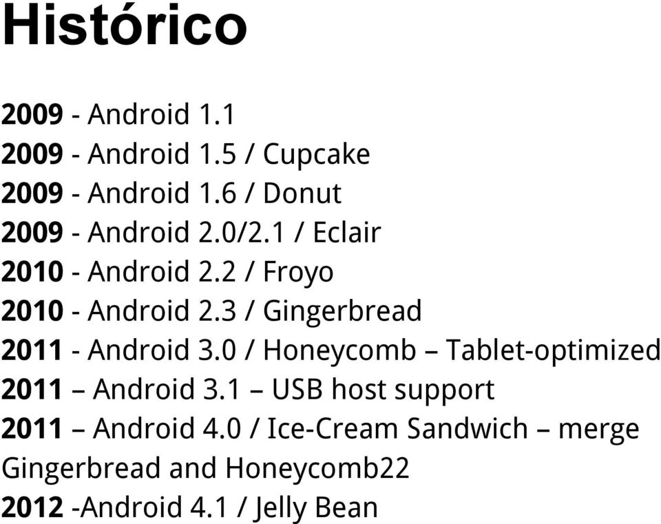 3 / Gingerbread 2011 - Android 3.0 / Honeycomb Tablet-optimized 2011 Android 3.