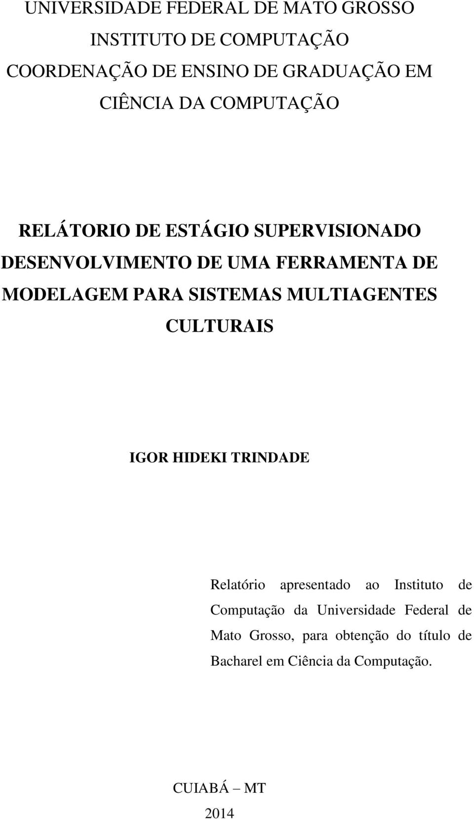 SISTEMAS MULTIAGENTES CULTURAIS IGOR HIDEKI TRINDADE Relatório apresentado ao Instituto de Computação da