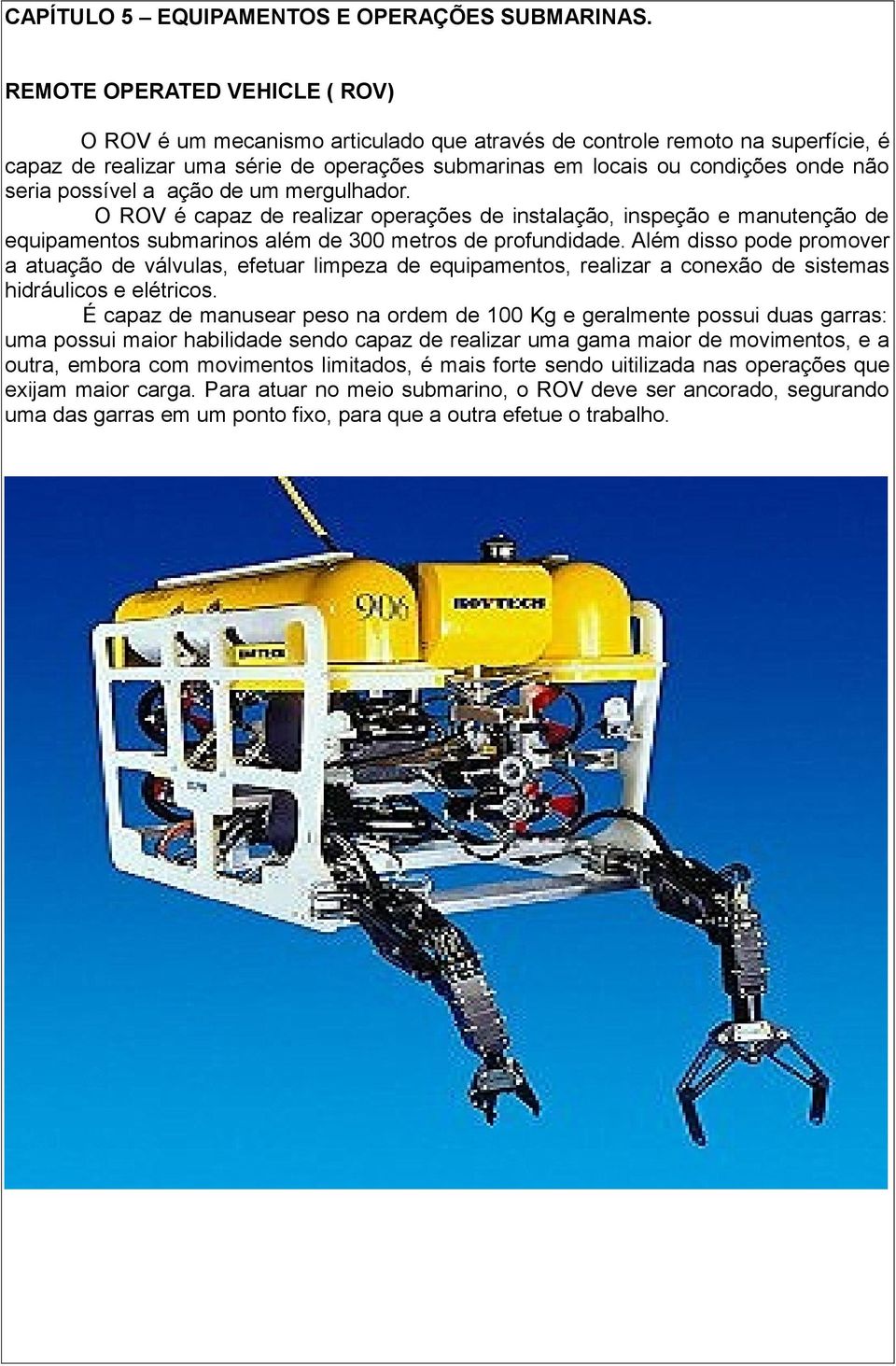 seria possível a ação de um mergulhador. O ROV é capaz de realizar operações de instalação, inspeção e manutenção de equipamentos submarinos além de 300 metros de profundidade.