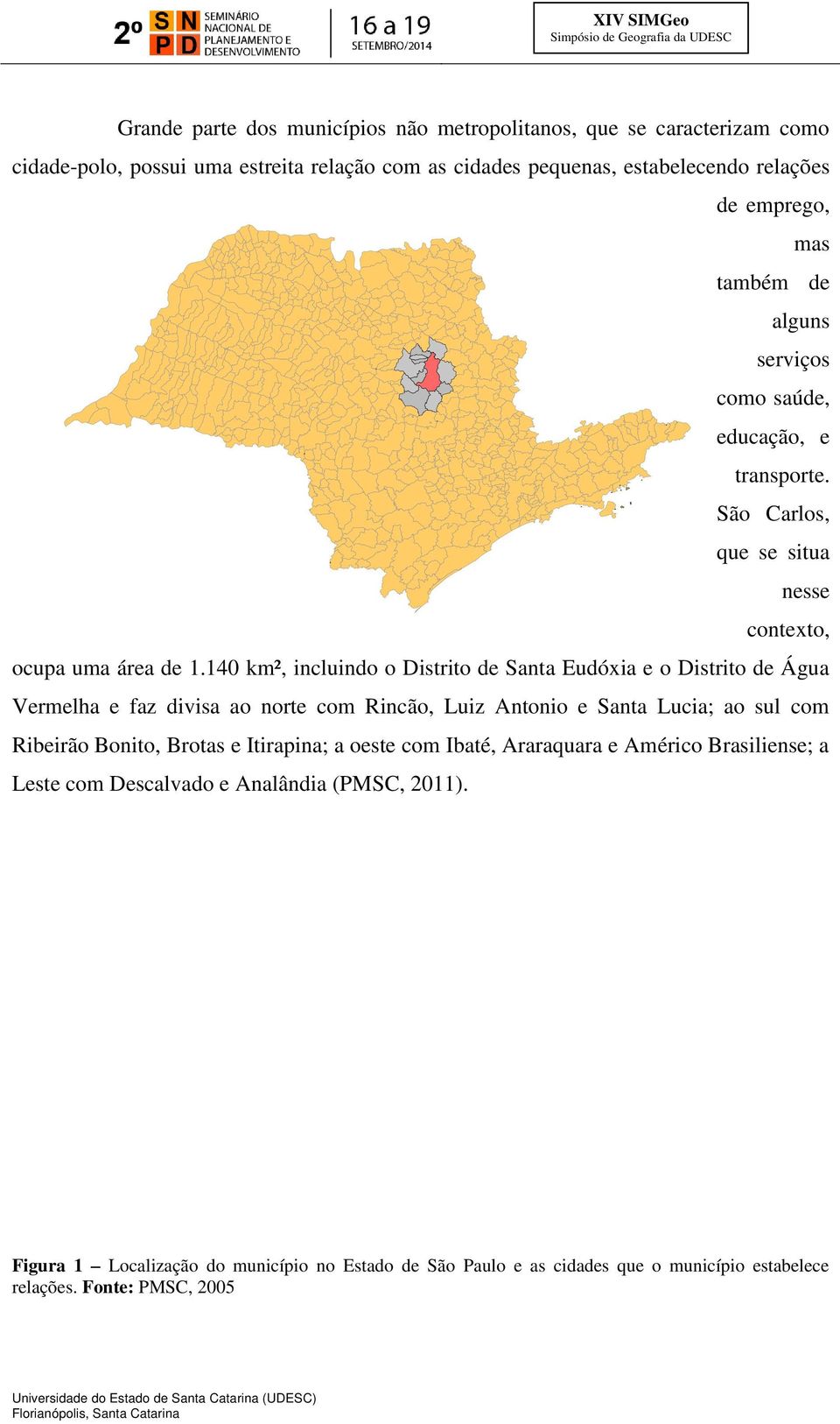 140 km², incluindo o Distrito de Santa Eudóxia e o Distrito de Água Vermelha e faz divisa ao norte com Rincão, Luiz Antonio e Santa Lucia; ao sul com Ribeirão Bonito, Brotas e