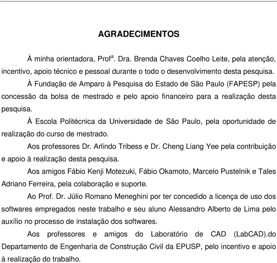 À Escola Politécnica da Universidade de São Paulo, pela oportunidade de realização do curso de mestrado. Aos professores Dr. Arlindo Tribess e Dr.
