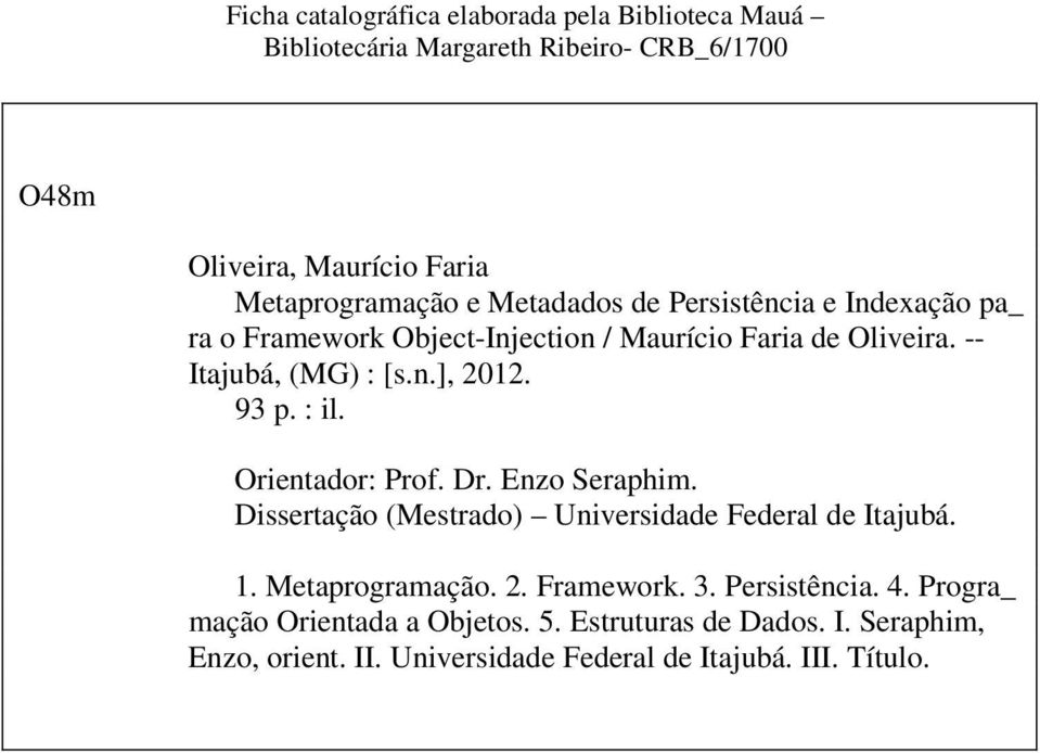 : il. Orientador: Prof. Dr. Enzo Seraphim. Dissertação (Mestrado) Universidade Federal de Itajubá. 1. Metaprogramação. 2. Framework. 3.
