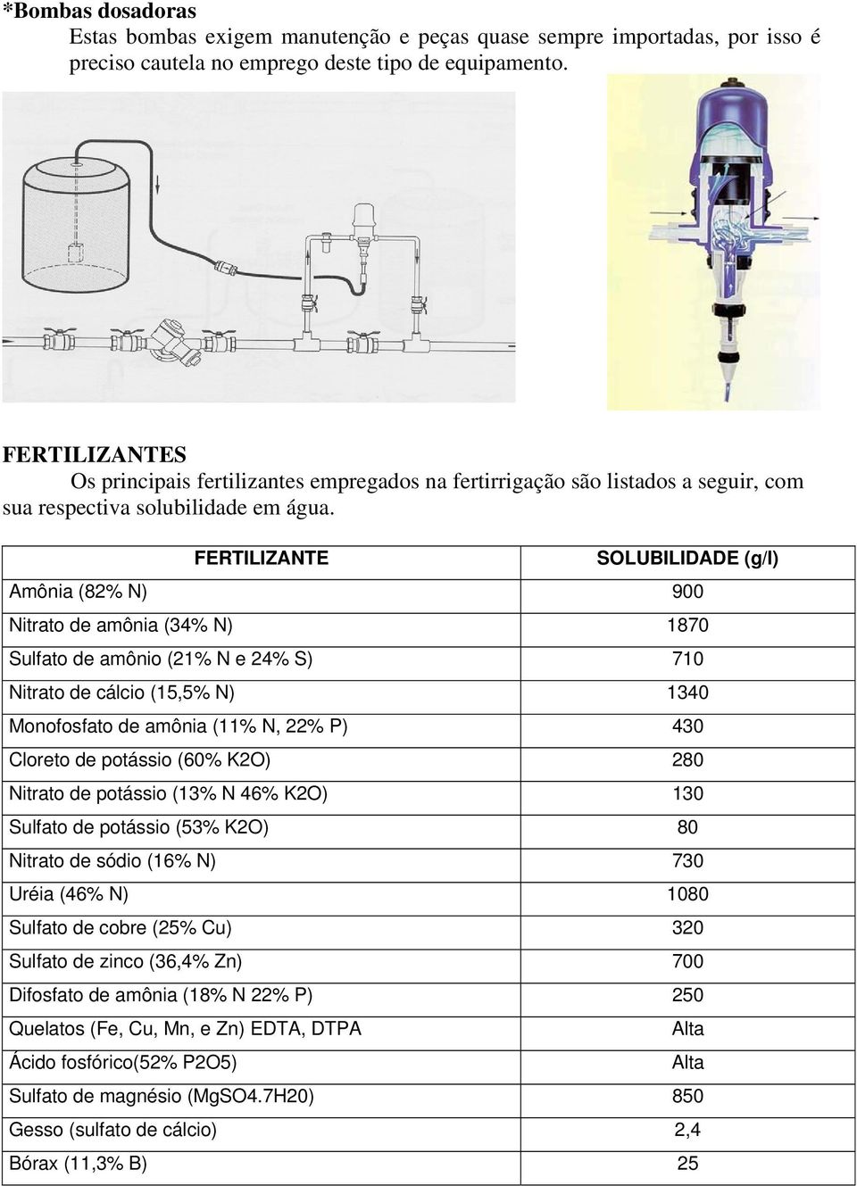 FERTILIZANTE SOLUBILIDADE (g/l) Amônia (82% N) 900 Nitrato de amônia (34% N) 1870 Sulfato de amônio (21% N e 24% S) 710 Nitrato de cálcio (15,5% N) 1340 Monofosfato de amônia (11% N, 22% P) 430