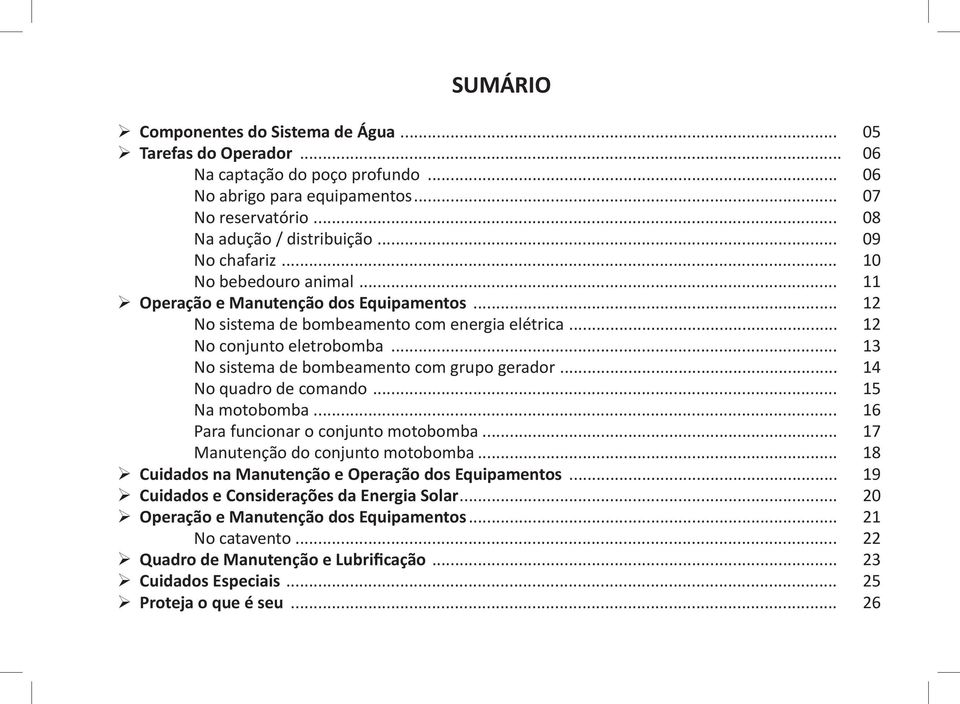 .. 13 No sistema de bombeamento com grupo gerador... 14 No quadro de comando... 15 Na motobomba... 16 Para funcionar o conjunto motobomba... 17 Manutenção do conjunto motobomba.