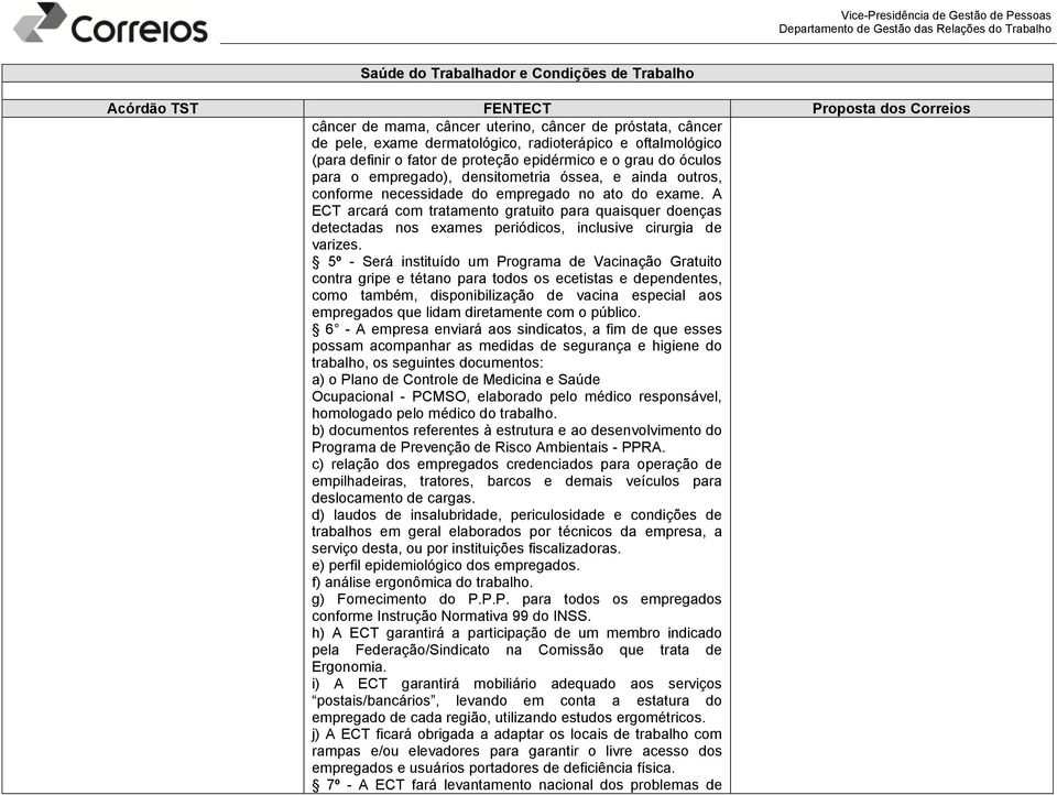 A ECT arcará com tratamento gratuito para quaisquer doenças detectadas nos exames periódicos, inclusive cirurgia de varizes.