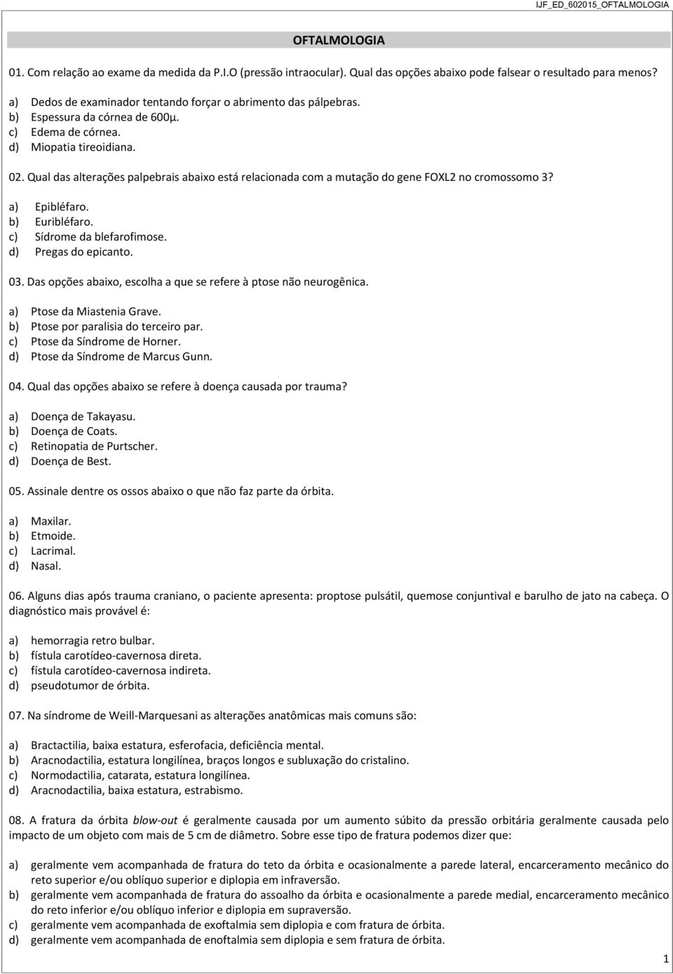 Qual das alterações palpebrais abaixo está relacionada com a mutação do gene FOXL2 no cromossomo 3? a) Epibléfaro. b) Euribléfaro. c) Sídrome da blefarofimose. d) Pregas do epicanto. 03.