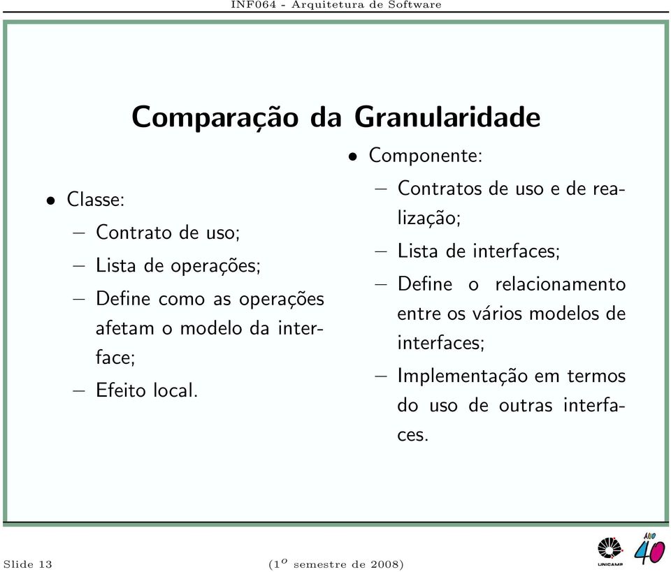 Componente: Contratos de uso e de realização; Lista de interfaces; Define o