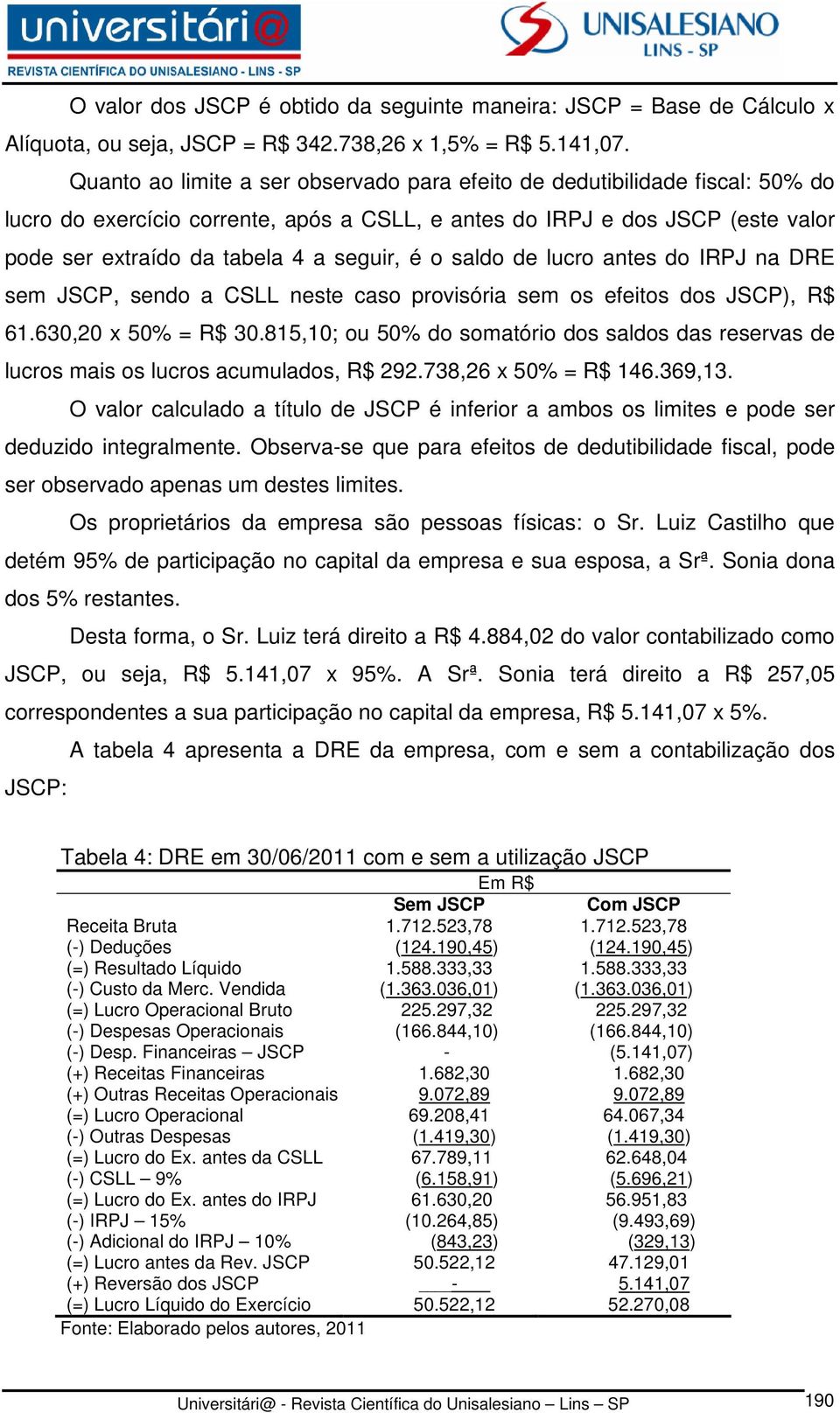 é o saldo de lucro antes do IRPJ na DRE sem JSCP, sendo a CSLL neste caso provisória sem os efeitos dos JSCP), R$ 61.630,20 x 50% = R$ 30.