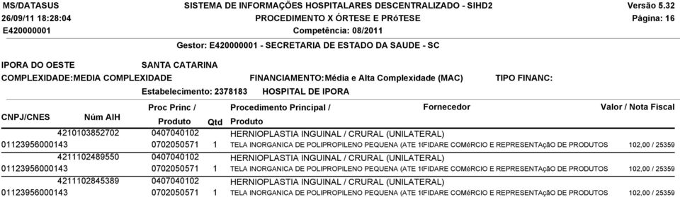 CRURAL (UNILATERAL) 01123956000143 0702050571 1 TELA INORGANICA DE POLIPROPILENO PEQUENA (ATE 100 FIDARE COMéRCIO E REPRESENTAçãO DE PRODUTOS 102,00 / 25359 4211102845389