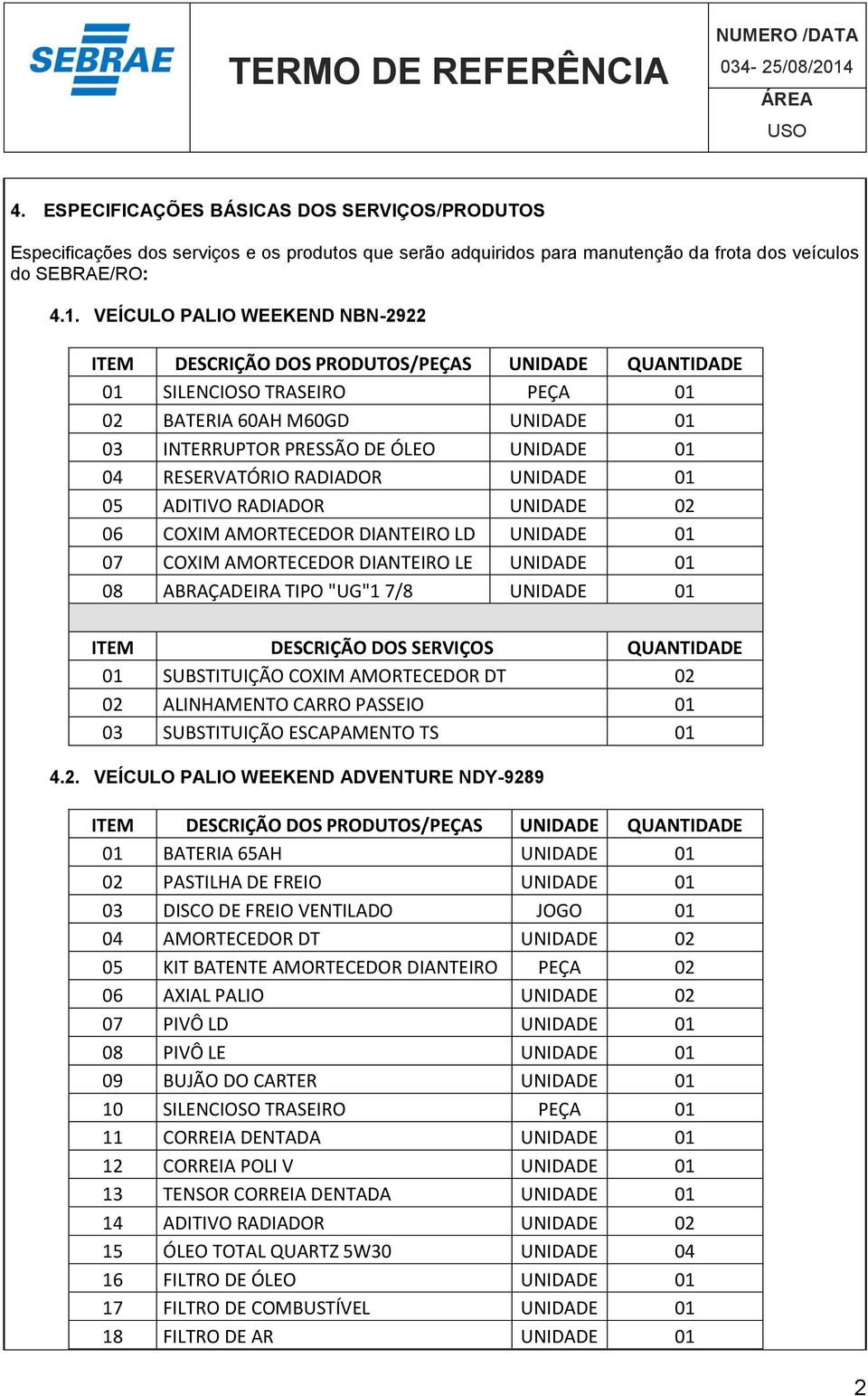 UNIDADE 02 06 COXIM AMORTECEDOR DIANTEIRO LD UNIDADE 01 07 COXIM AMORTECEDOR DIANTEIRO LE UNIDADE 01 08 ABRAÇADEIRA TIPO "UG"1 7/8 UNIDADE 01 01 SUBSTITUIÇÃO COXIM AMORTECEDOR DT 02 02 ALINHAMENTO