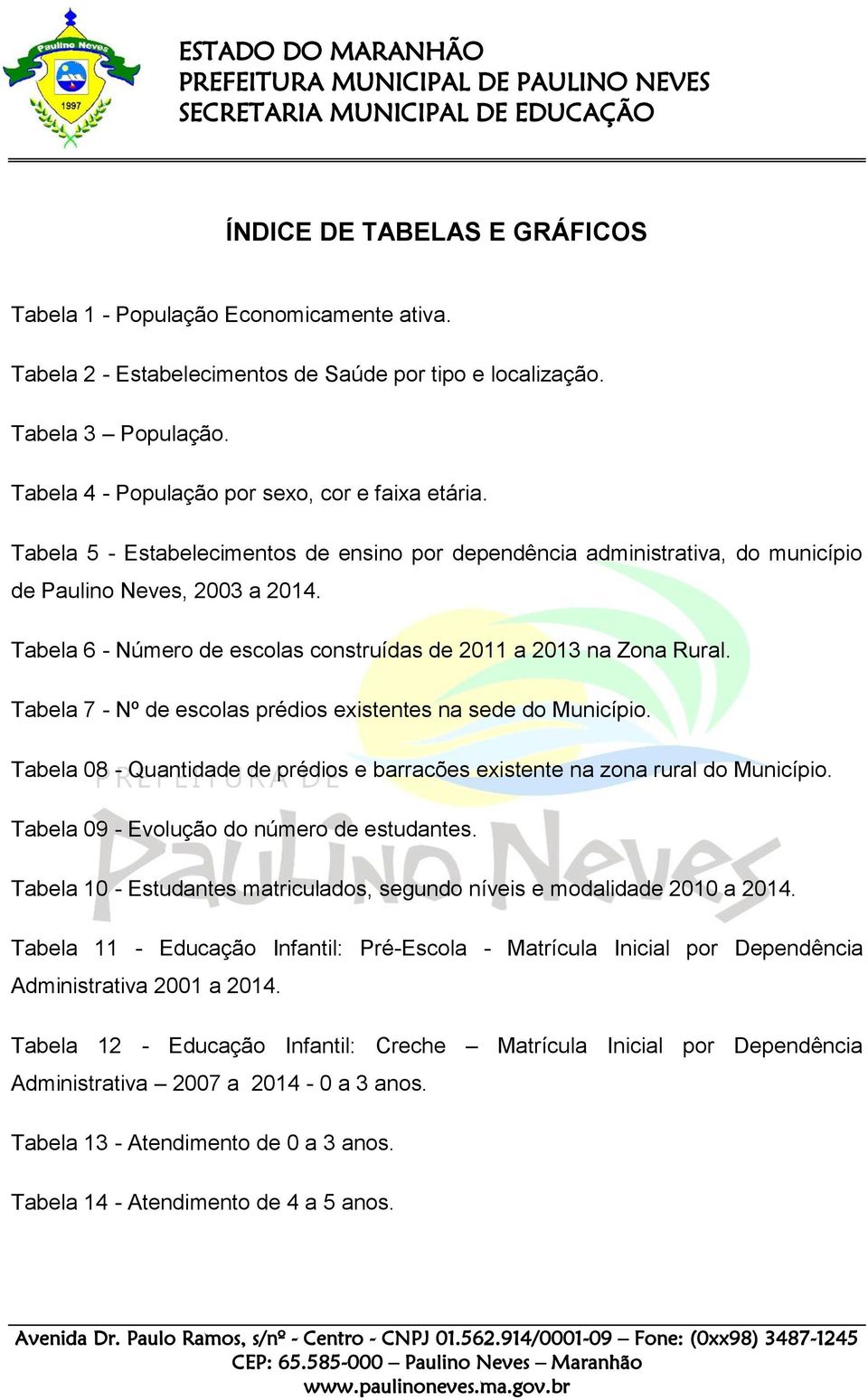 Tabela 6 - Número de escolas construídas de 2011 a 2013 na Zona Rural. Tabela 7 - Nº de escolas prédios existentes na sede do Município.