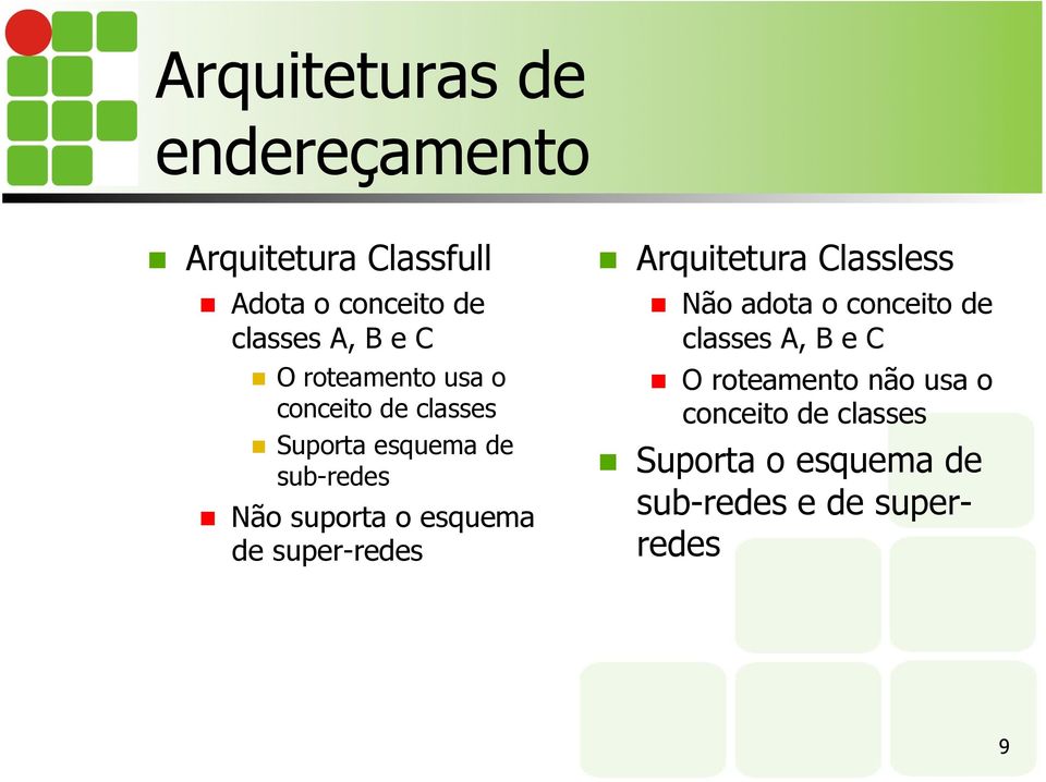 esquema de super-redes Arquitetura Classless Não adota o conceito de classes A, B e C
