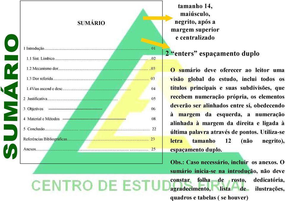 ..... 25 tamanho 14, maiúsculo, negrito, após a margem superior e centralizado 2 enters espaçamento duplo O sumário deve oferecer ao leitor uma visão global do estudo, inclui todos os títulos