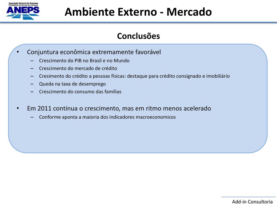 crédito consignado e imobiliário Queda na taxa de desemprego Crescimento do consumo das famílias Em 2011