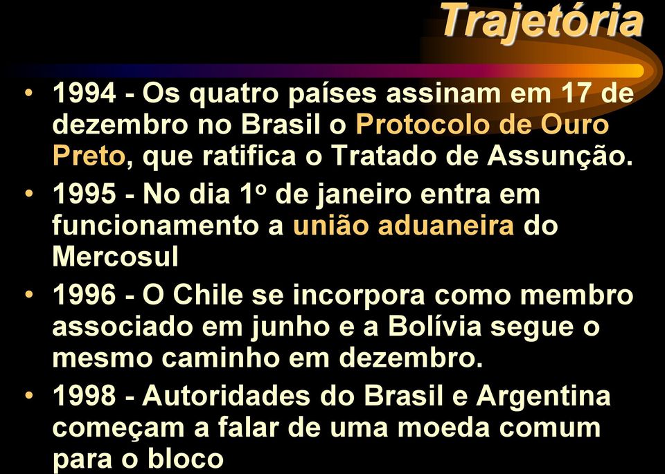 1995 - No dia 1 o de janeiro entra em funcionamento a união aduaneira do Mercosul 1996 - O Chile se