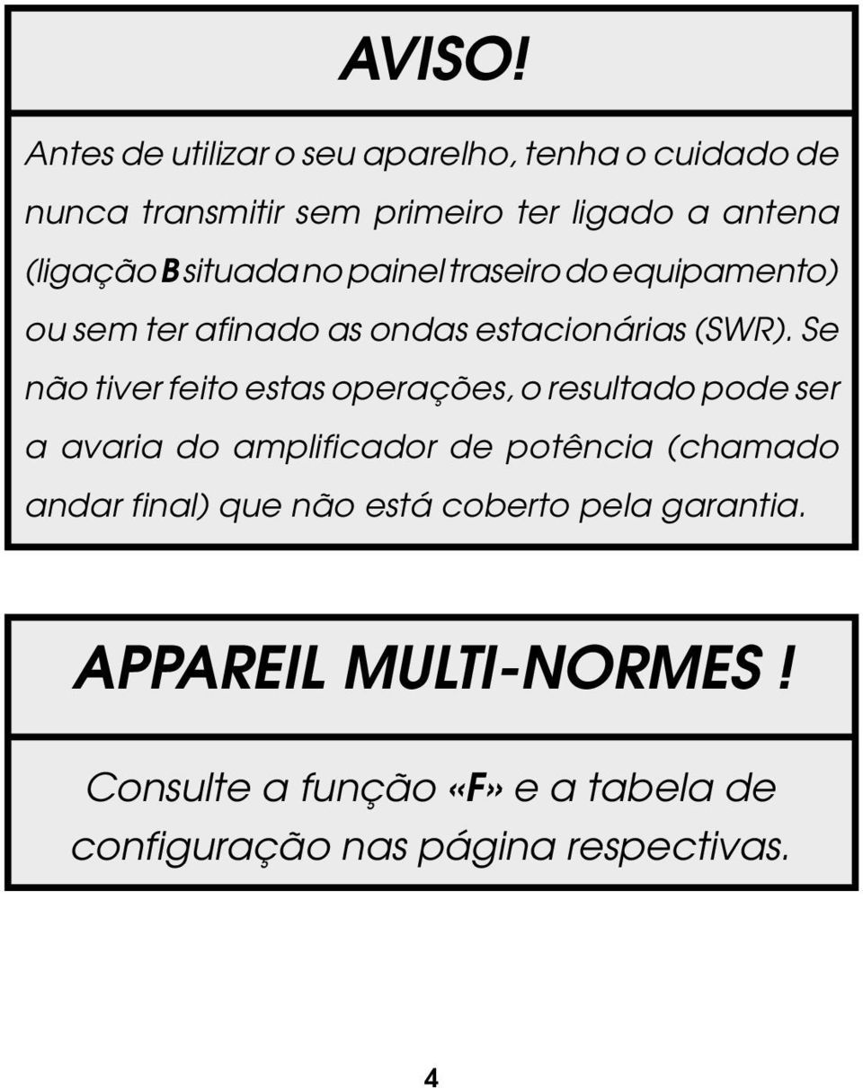 situada no painel traseiro do equipamento) ou sem ter afinado as ondas estacionárias (SWR).