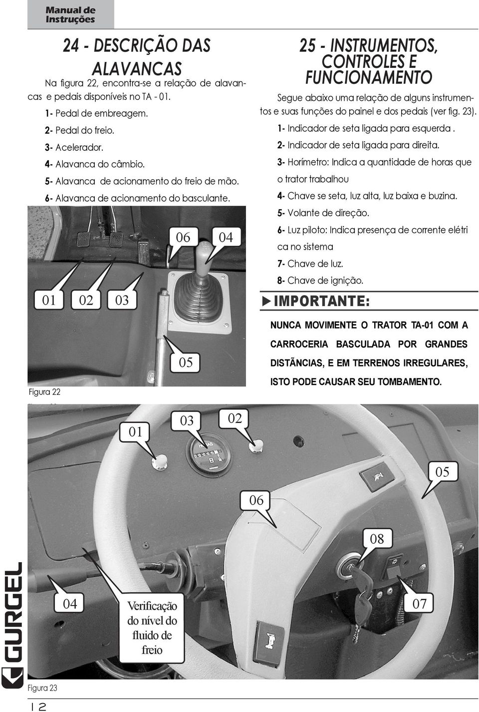 01 02 03 06 04 25 - INSTRUMENTOS, CONTROLES E FUNCIONAMENTO Segue abaixo uma relação de alguns instrumentos e suas funções do painel e dos pedais (ver fig. 23).