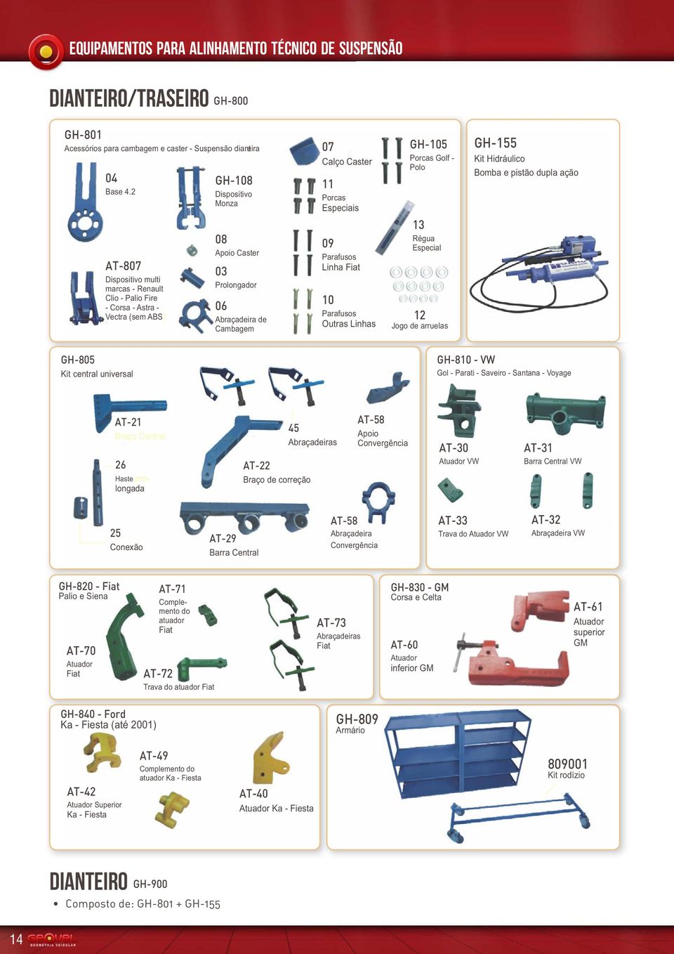 Porcas Especiais 09 Parafusos Linha Fiat 10 Parafusos Outras Linhas GH-105 Porcas Golf - Polo 13 Régua Especial 12 Jogo de arruelas GH-155 Kit Hidráulico Bomba e pistão dupla ação GH-805 Kit central