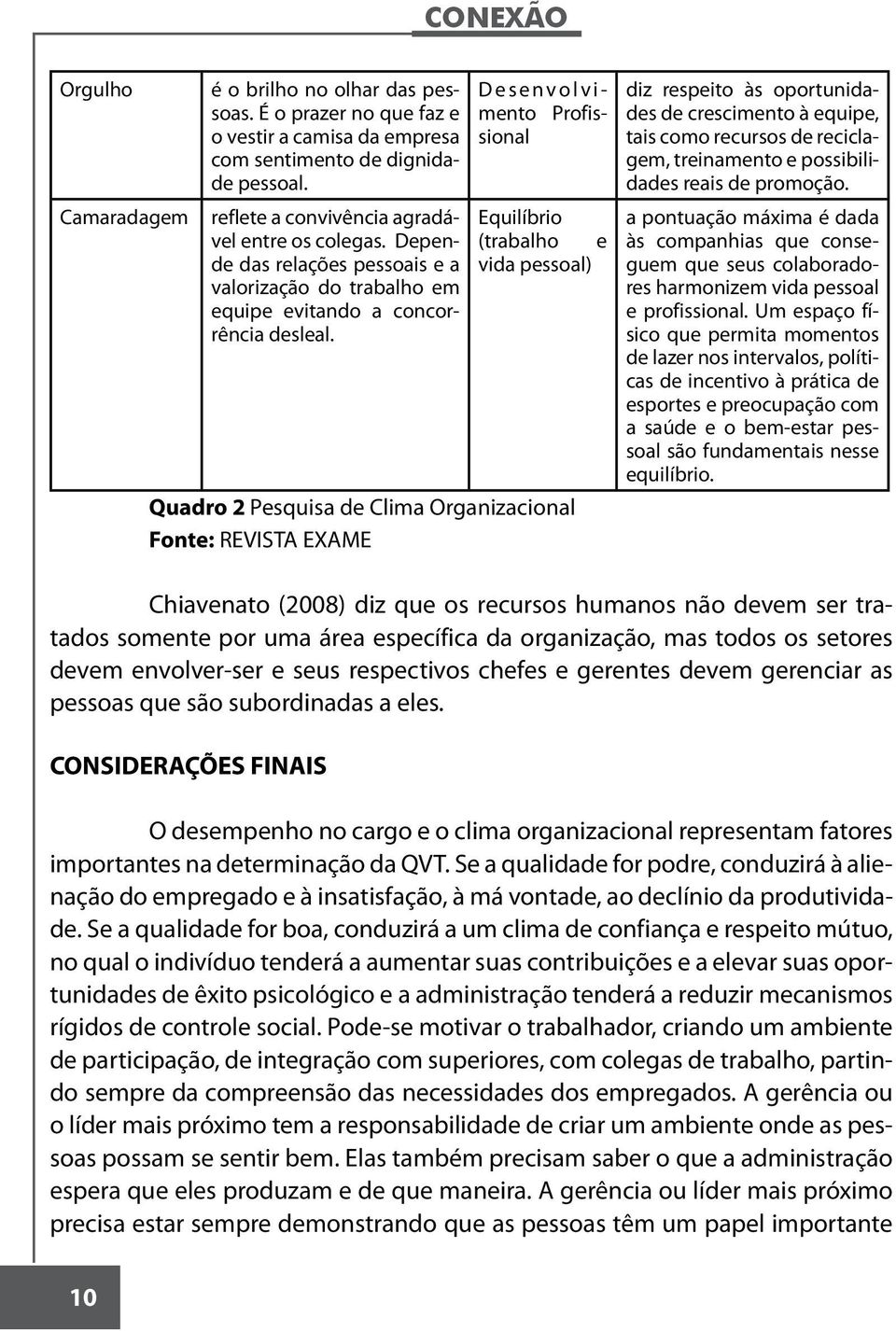 Desenvolvimento Profissional Equilíbrio (trabalho e vida pessoal) Quadro 2 Pesquisa de Clima Organizacional Fonte: REVISTA EXAME diz respeito às oportunidades de crescimento à equipe, tais como