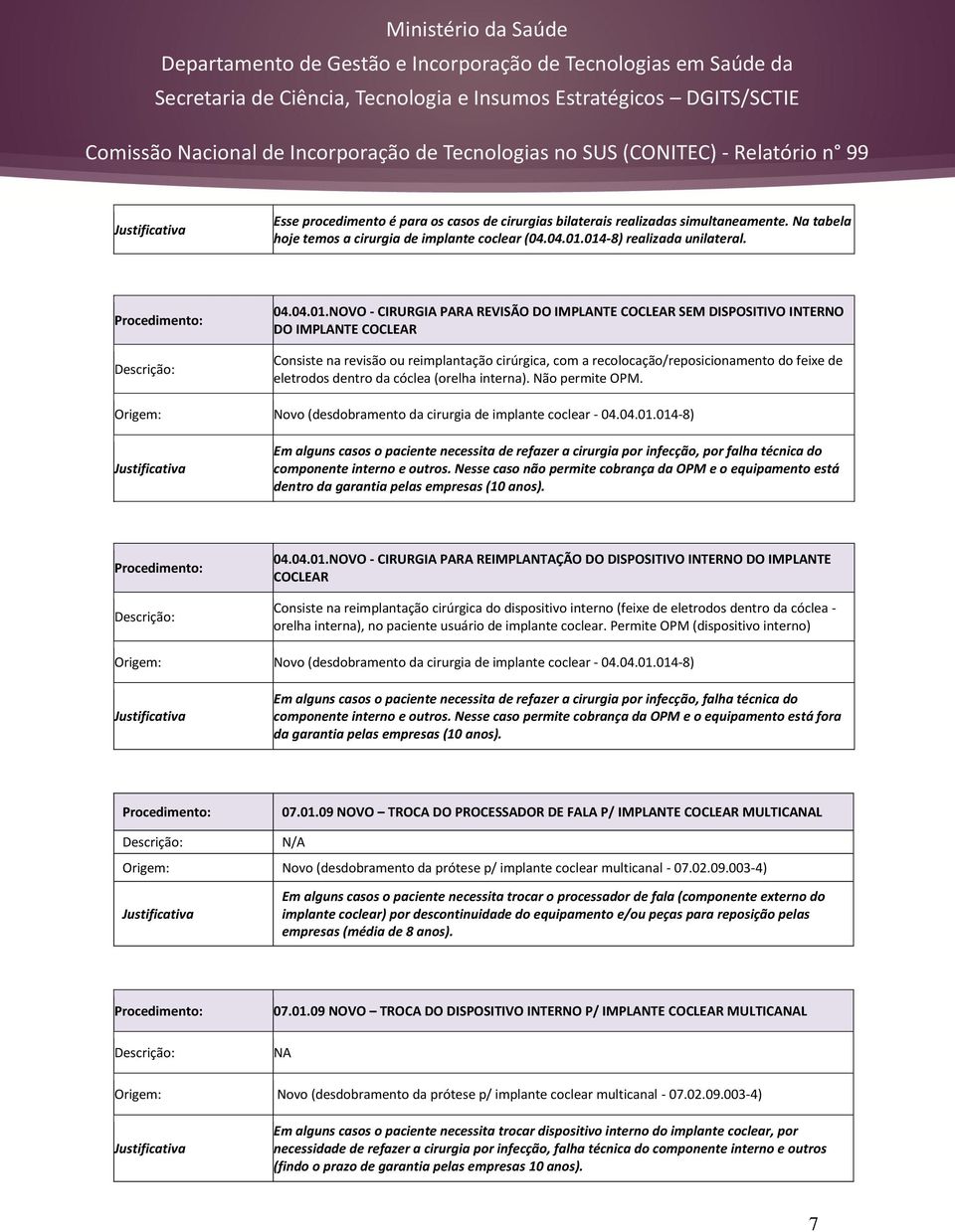 NOVO - CIRURGIA PARA REVISÃO DO IMPLANTE COCLEAR SEM DISPOSITIVO INTERNO DO IMPLANTE COCLEAR Consiste na revisão ou reimplantação cirúrgica, com a recolocação/reposicionamento do feixe de eletrodos