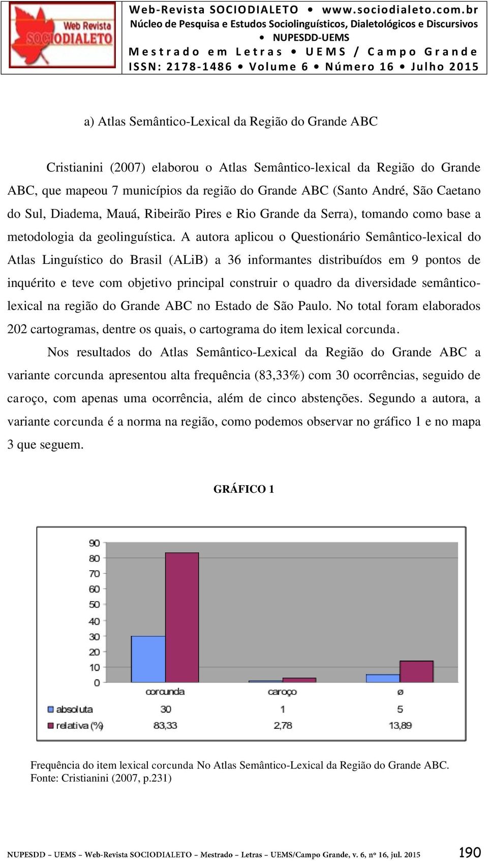 A autora aplicou o Questionário Semântico-lexical do Atlas Linguístico do Brasil (ALiB) a 36 informantes distribuídos em 9 pontos de inquérito e teve com objetivo principal construir o quadro da