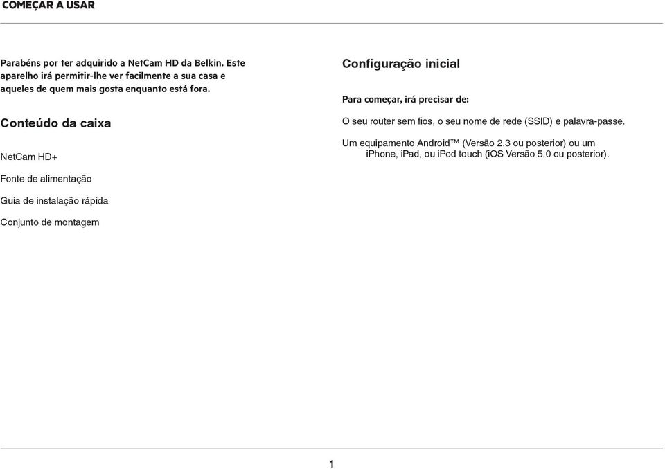 Conteúdo da caixa NetCam HD+ Configuração inicial Para começar, irá precisar de: O seu router sem fios, o seu nome de rede