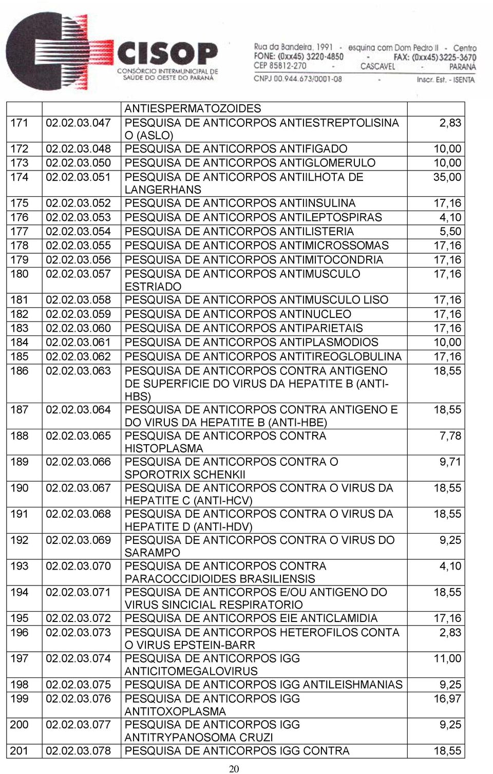 02.03.055 PESQUISA DE ANTICORPOS ANTIMICROSSOMAS 17,16 179 02.02.03.056 PESQUISA DE ANTICORPOS ANTIMITOCONDRIA 17,16 180 02.02.03.057 PESQUISA DE ANTICORPOS ANTIMUSCULO 17,16 ESTRIADO 181 02.02.03.058 PESQUISA DE ANTICORPOS ANTIMUSCULO LISO 17,16 182 02.