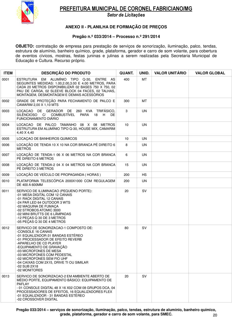 volante, para cobertura de eventos cívicos, mostras, festas juninas e julinas a serem realizadas pela Secretaria Municipal de Educação e Cultura. Recurso próprio. ITEM DESCRIÇÃO DO PRODUTO QUANT.