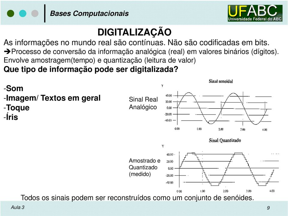 Envolve amostragem(tempo) e quantização (leitura de valor) Que tipo de informação pode ser digitalizada?