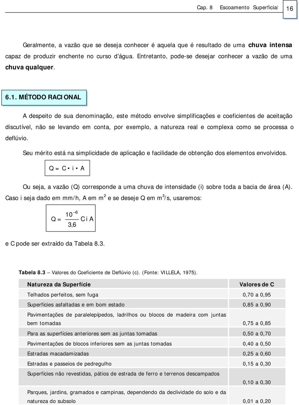 MÉTODO RACIONAL A despeito de sua denominação, este método envolve simplificações e coeficientes de aceitação discutível, não se levando em conta, por exemplo, a natureza real e complexa como se