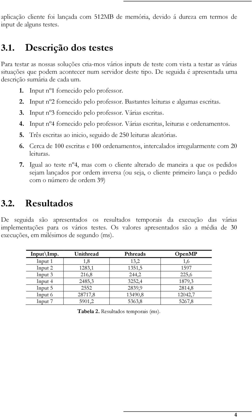 Descrição dos testes Para testar as nossas soluções cria-mos vários inputs de teste com vista a testar as várias situações que podem acontecer num servidor deste tipo.