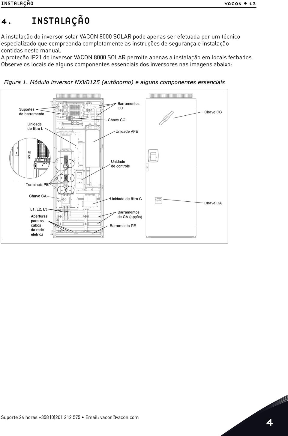 manual. A proteção IP21 do inversor VACON 8000 SOLAR permite apenas a instalação em locais fechados. Observe os locais de alguns componentes essenciais dos inversores nas imagens abaixo: Figura 1.