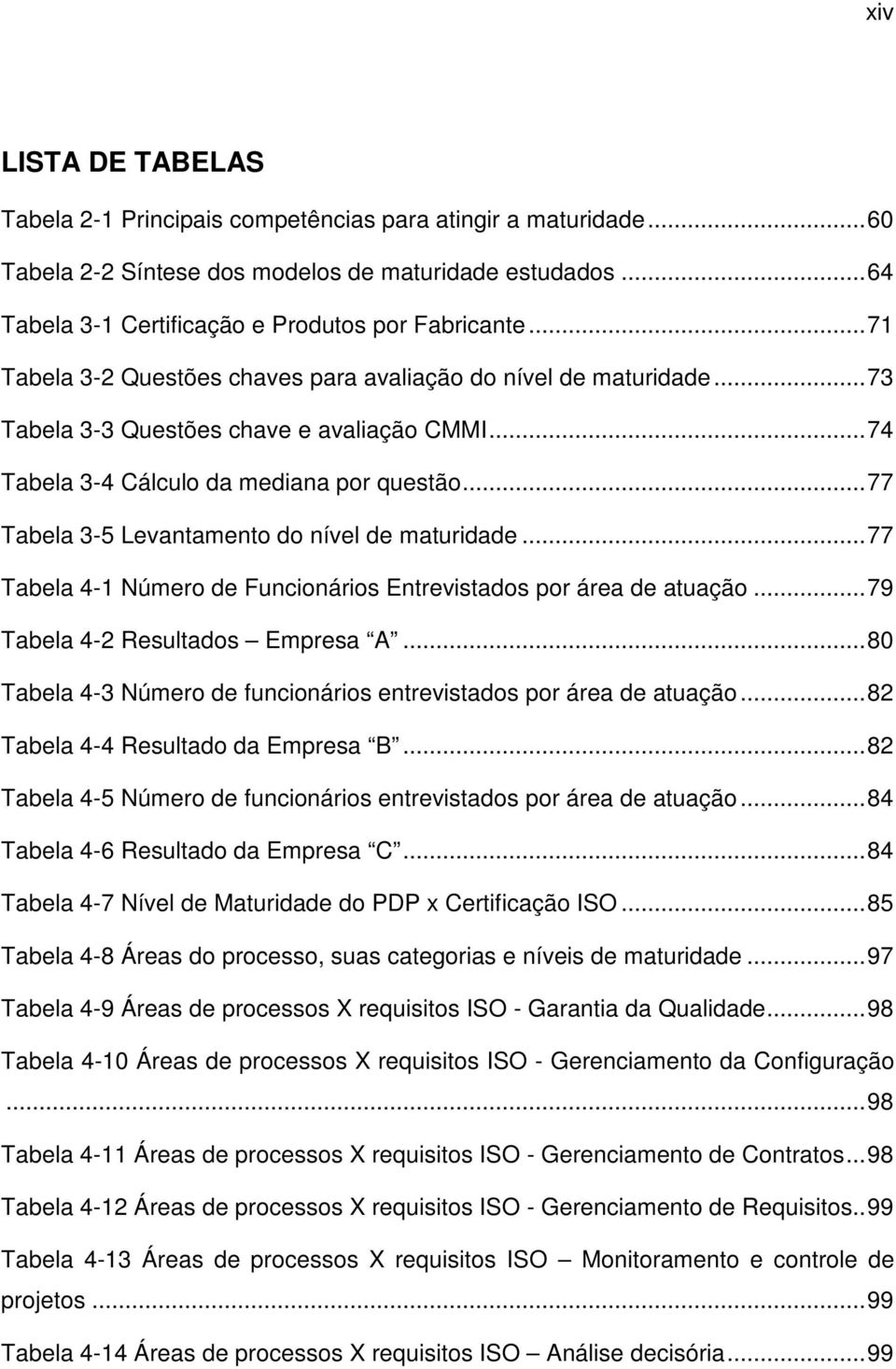 .. 77 Tabela 3-5 Levantamento do nível de maturidade... 77 Tabela 4-1 Número de Funcionários Entrevistados por área de atuação... 79 Tabela 4-2 Resultados Empresa A.