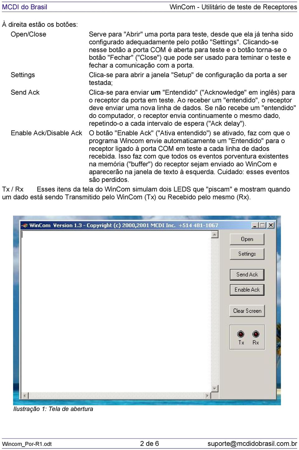 Clica-se para abrir a janela "Setup" de configuração da porta a ser testada; Clica-se para enviar um "Entendido" ("Acknowledge" em inglês) para o receptor da porta em teste.