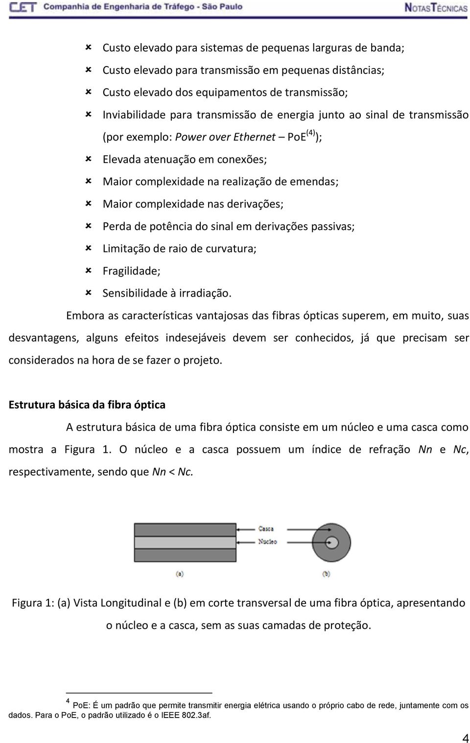 de potência do sinal em derivações passivas; Limitação de raio de curvatura; Fragilidade; Sensibilidade à irradiação.