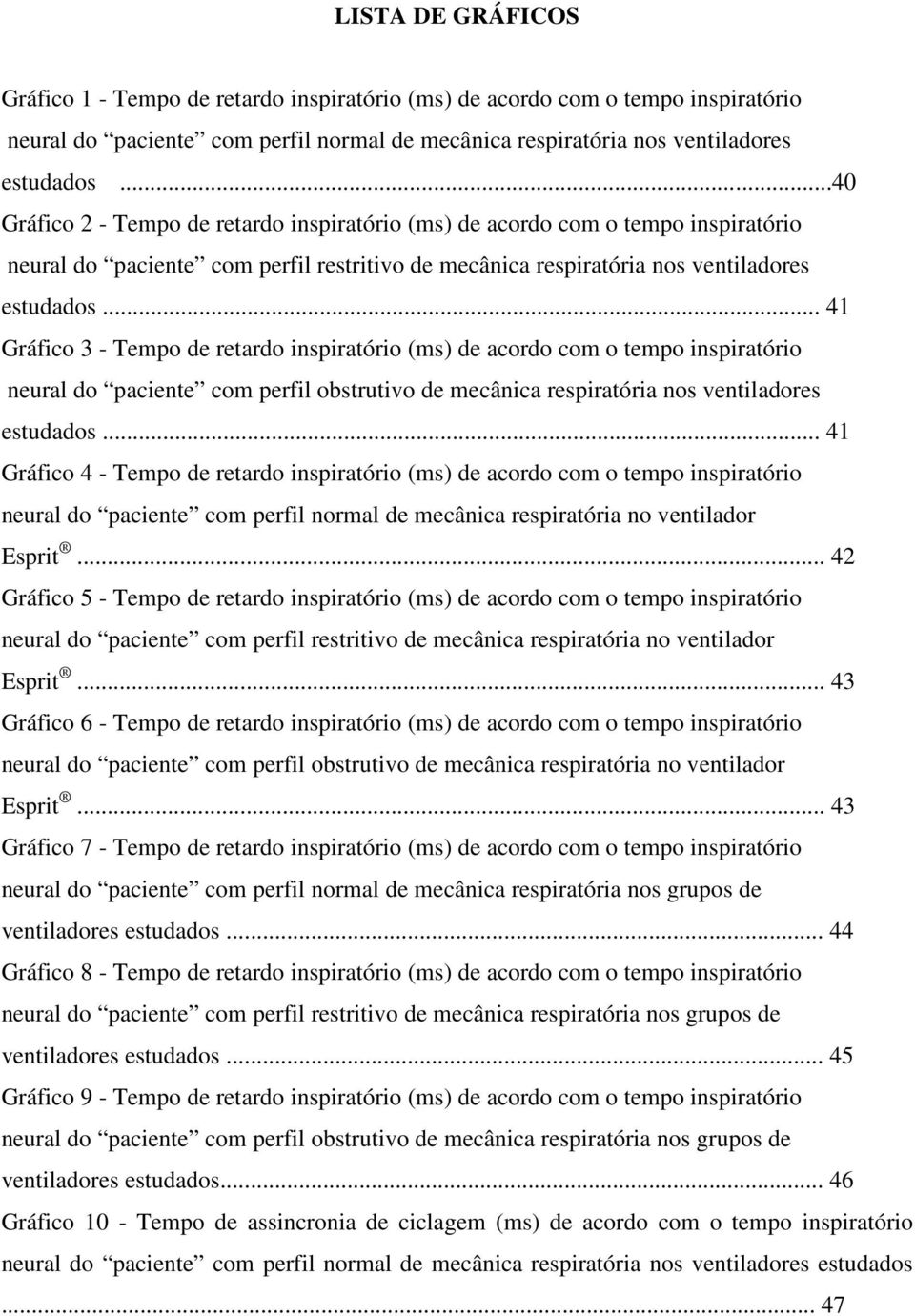 .. 41 Gráfico 3 - Tempo de retardo inspiratório (ms) de acordo com o tempo inspiratório neural do paciente com perfil obstrutivo de mecânica respiratória nos ventiladores estudados.