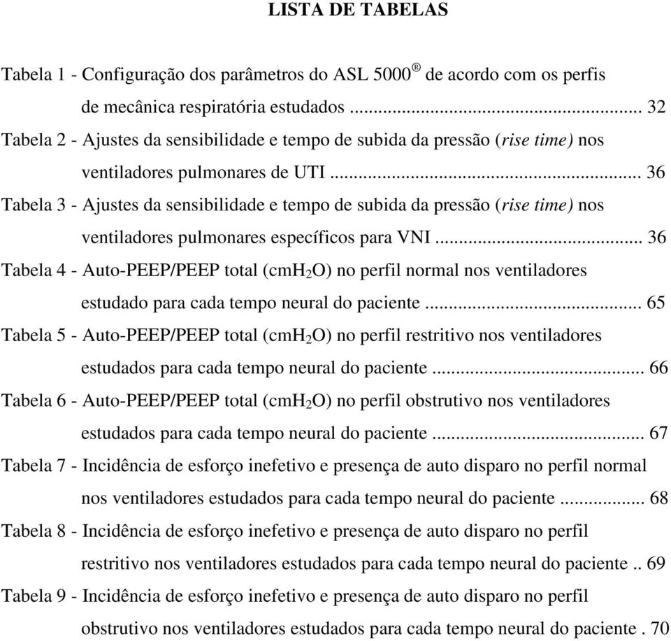 .. 36 Tabela 3 - Ajustes da sensibilidade e tempo de subida da pressão (rise time) nos ventiladores pulmonares específicos para VNI.