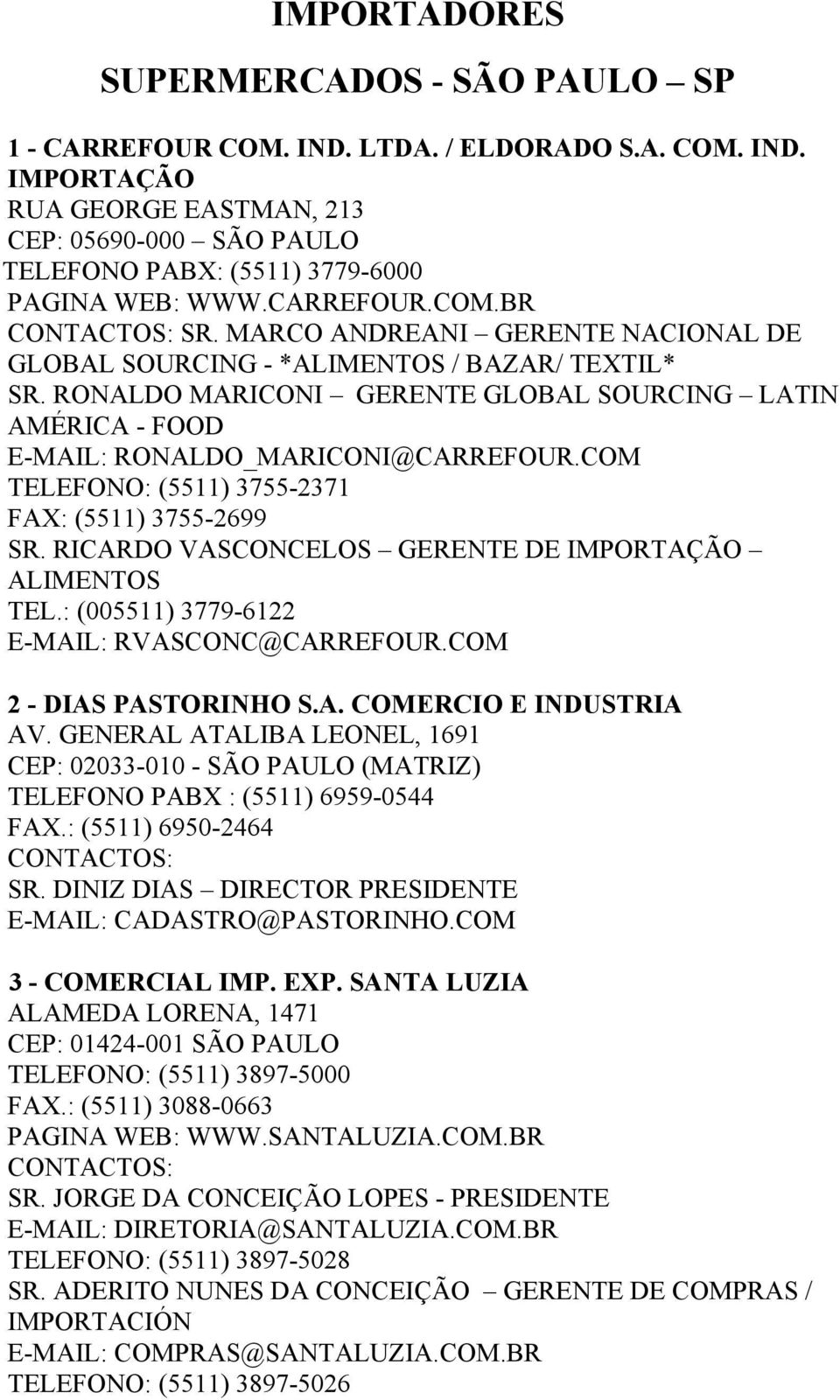 RONALDO MARICONI GERENTE GLOBAL SOURCING LATIN AMÉRICA - FOOD E-MAIL: RONALDO_MARICONI@CARREFOUR.COM TELEFONO: (5511) 3755-2371 FAX: (5511) 3755-2699 SR.