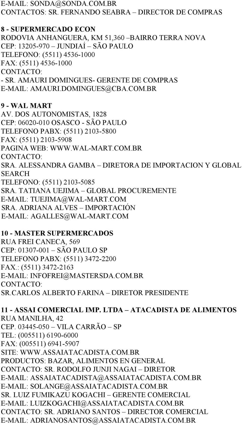 SR. AMAURI DOMINGUES- GERENTE DE COMPRAS E-MAIL: AMAURI.DOMINGUES@CBA.COM.BR 9 - WAL MART AV.