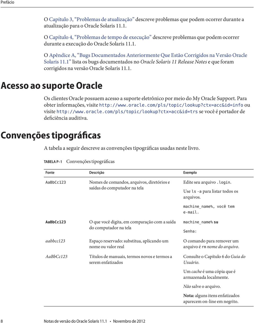 1 lista os bugs documentados no Oracle Solaris 11 Release Notes e que foram corrigidos na versão Oracle Solaris 11.1. Acesso ao suporte Oracle Os clientes Oracle possuem acesso a suporte eletrônico por meio do My Oracle Support.
