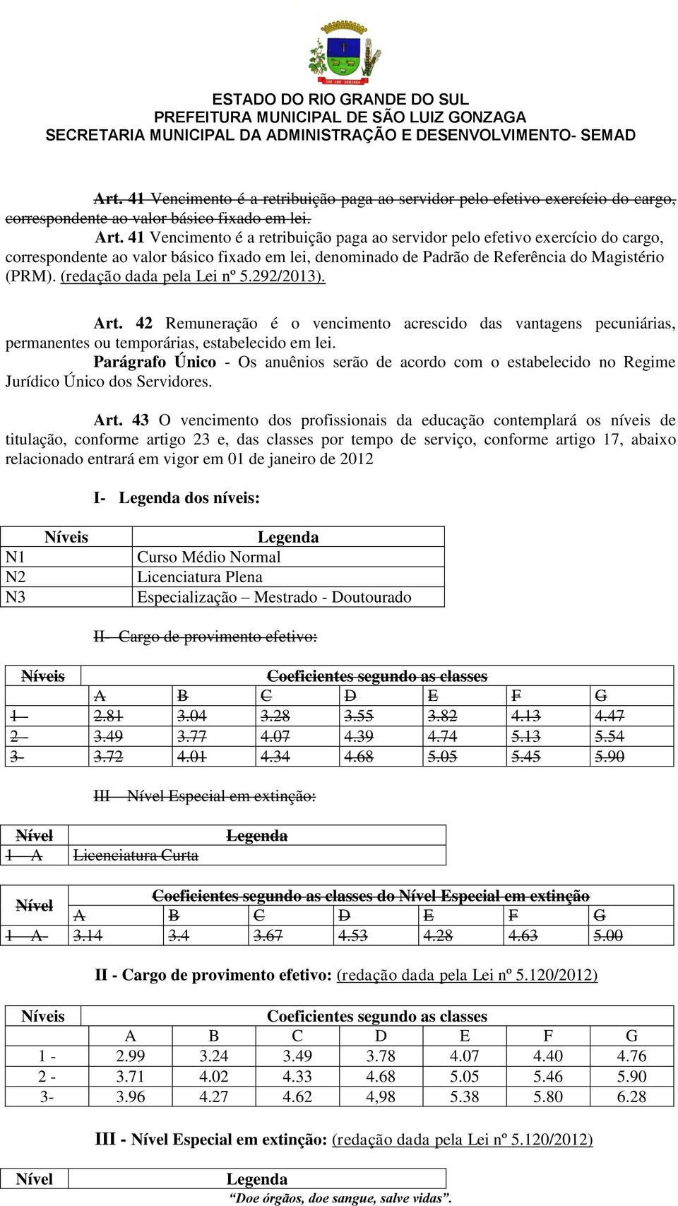 (redação dada pela Lei nº 5.292/2013). Art. 42 Remuneração é o vencimento acrescido das vantagens pecuniárias, permanentes ou temporárias, estabelecido em lei.